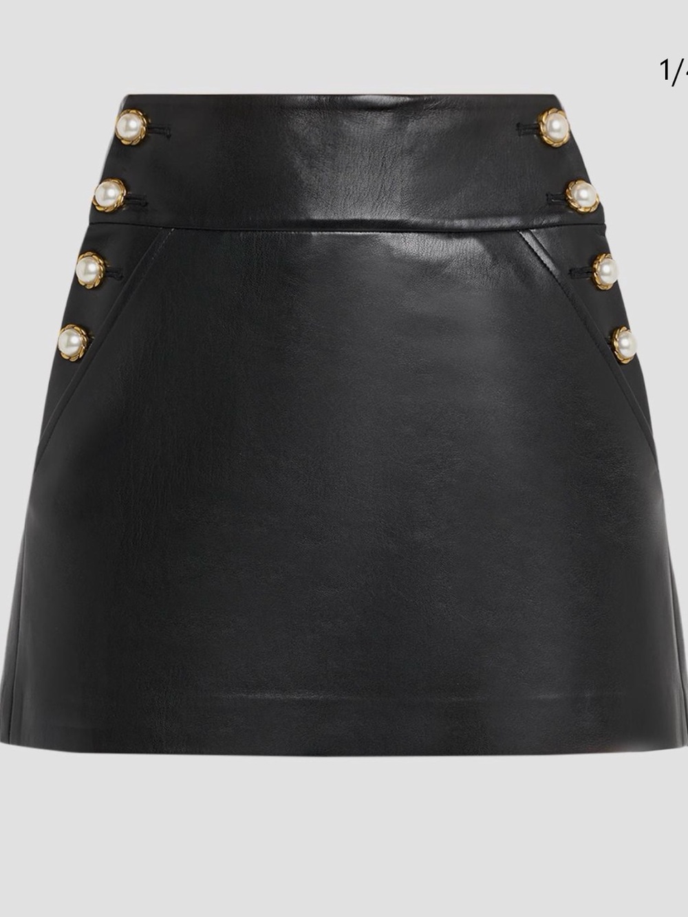 Alice + Olivia Black Faux Leather Mini Skirt with Pearl-Trim Buttons